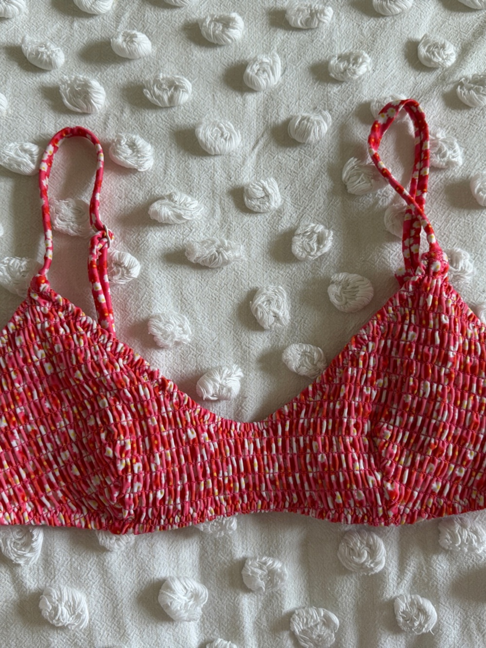 SOLID & STRIPED Red Pink Patterned Smocked Bikini Top